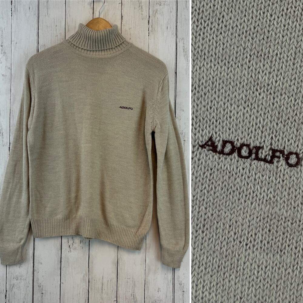 VTG Adolfo Tan Cashmere Touch Embroidered Turtleneck Knit Sweater Size Large